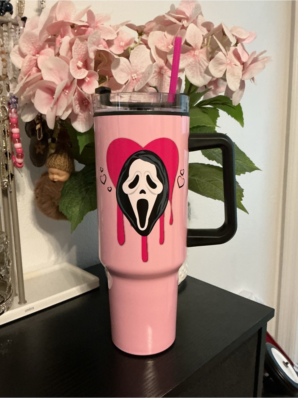 Pink Scream-Face Insulated Travel Tumbler with Handle and Straw